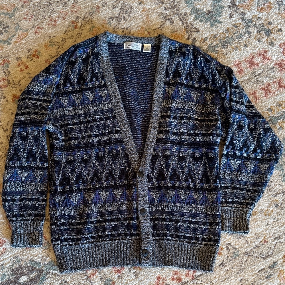 Method Vintage Geometric Knit Cardigan Sweater XL Blue Gray Grandpa Cozy Boho‎